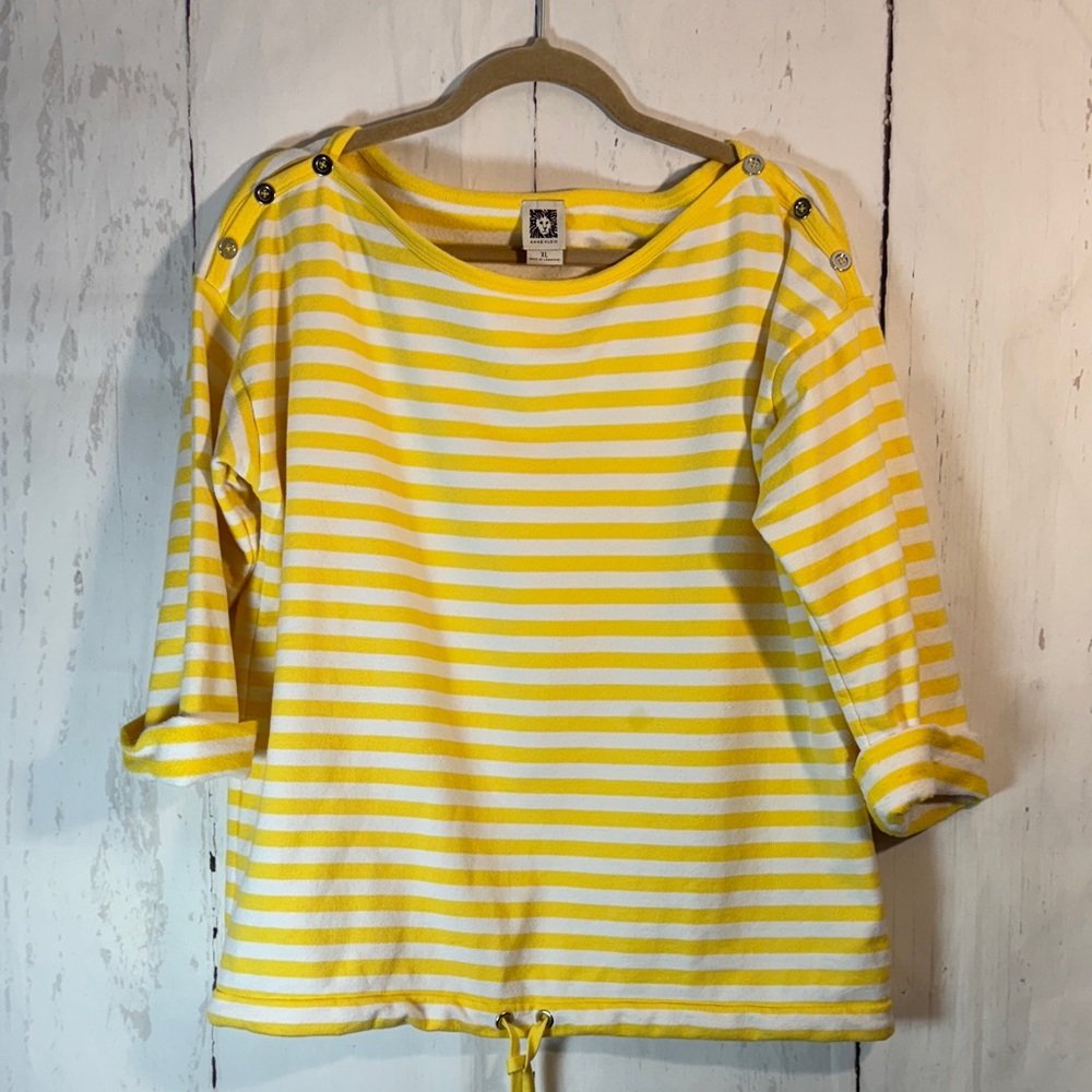 Anne Klein Yellow and White Striped Top boatneck 3/4 cuffed sleeve